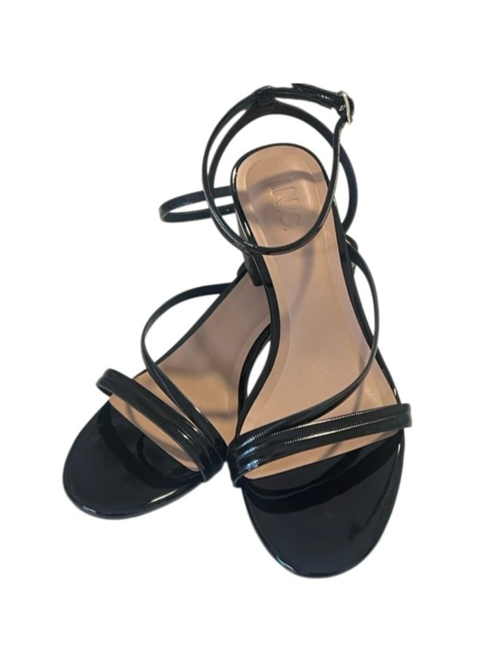 INC Unice Black Patent Ankle Wrap Block Heel Textured Sandal Heels Size 8.5 NWOB